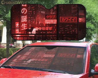 Red Sun Shade for Car/Truck/SUV, Sunshade windshield cover umbrella, Vaporwave Cyberpunk anime, large window visor protector mat accessory