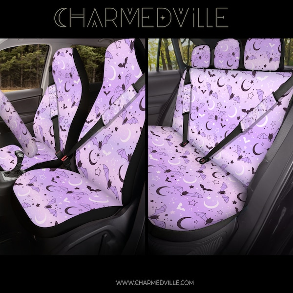 Purple Car Seat Covers, for vehicle full set, Pastel Goth carseat accessory, witchy spooky bats truck/suv/rv accesories, cute gift for women