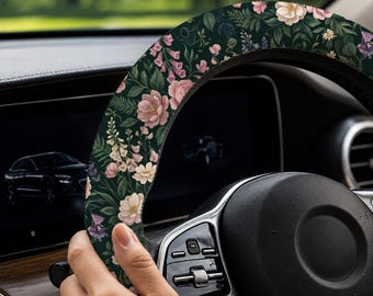 Housse de volant florale foncée, Housse de volant de voiture antidérapante noire pour camion, accessoire auto botanique Soft Grip Confort décoratif