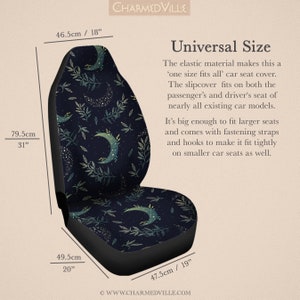 May include: A black car seat cover with a crescent moon and leaf pattern. The cover is 31 inches tall, 20 inches wide, and 19 inches deep. The text "Universal Size" is written in white on a beige background. The text "The elastic material makes this a 'one size fits all' car seat cover. The slipcover fits on both the passenger's and driver's seat of nearly all existing car models. It's big enough to fit larger seats and comes with fastening straps and hooks to make it fit tightly on smaller car seats as well." is written in black on a beige background.