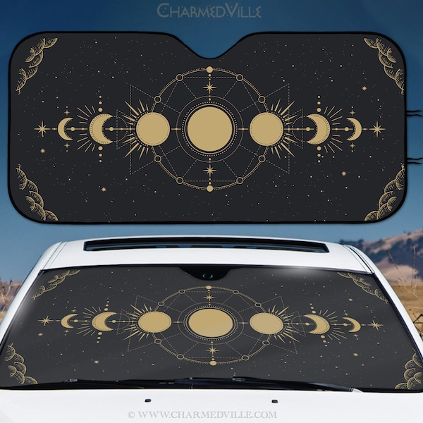 Lunar Car Sun Shade, Witchy Windschutzscheibenabdeckung, Carshade Displayschutz, Celestial Sonnenschutz Fenstervisier, Astrologie Tarot Mondzyklusphasen