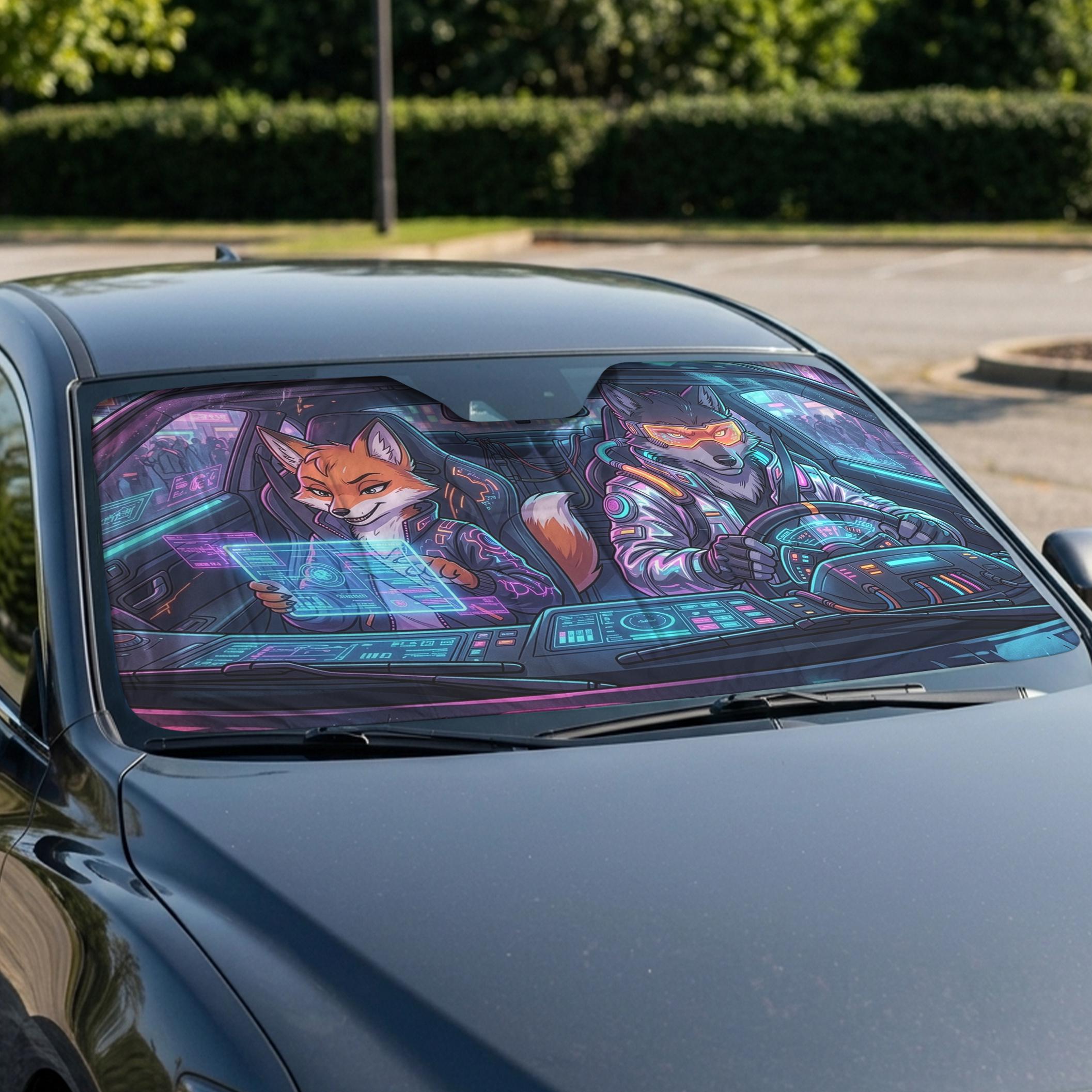 Car Sun Shade, Cyberpunk Anime Fox Wolf Windshield Sunshade, Foldable ...