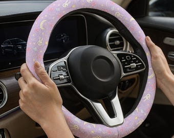 Kawaii Moon Wheel Wrap, Pastel Bunny Steering Cover, Soft Grip Universal Car Wheel Sleeve, Cute Auto Interior Decor Gift for Drivers