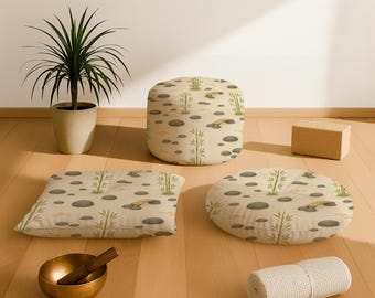 Japanese Meditation Cushion, Zen Garden Floor Pillow with Stone & Bamboo Print, Yoga mat, Window seating, Mindful Wabi Sabi Home Decor