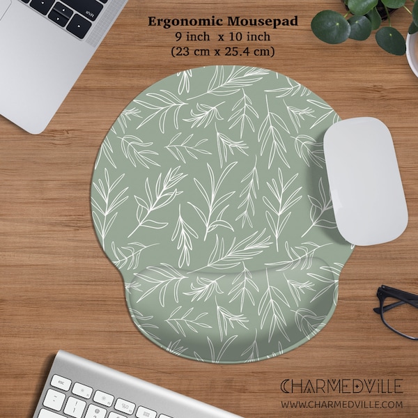 Sage Green Mouse Pad, Ergonomic Keyboard Wrist Rest, Floral desk mat decor accessory, Retro boho aesthetic, Olive mousepad, Gift for women