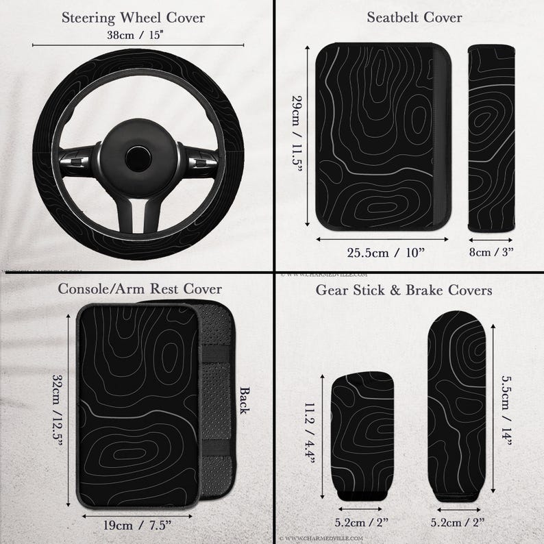 Peut inclure: Ensemble d'accessoires int&eacute;rieurs de voiture noirs avec un motif topographique. Comprend un couvre-volant (38 cm), une housse de ceinture de s&eacute;curit&eacute;, un couvre-accoudoir (32 cm) et des couvre-leviers de vitesse et de frein.