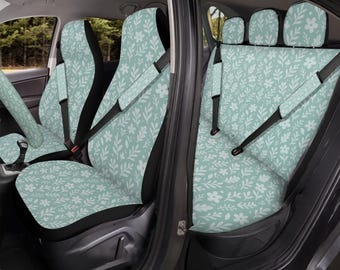 Mint Floral Car Seat Covers, Airbag Compatible Universal Auto Seat Protector Set
