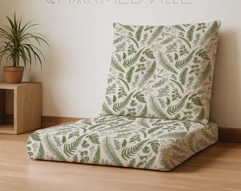 Green Fern Floor Pillow, Japanese Floor Seating Cushion, Botanical Reading Nook Pillow, Japandi Lounge Cushion for Cozy Floor Rooms