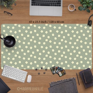 Cute Green Desk Mat, Large Mouse Pad, Floral Deskmat accessory, Retro boho decor Deskpad, Aesthetic Mousepad, Gift for women, office decor