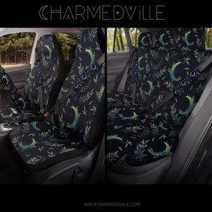 Celestial Car Seat Cover, Boho floral moon decor, Universal/Fits Most Cars/headrest/seatbelt, Dark cottagecore car accessories for women