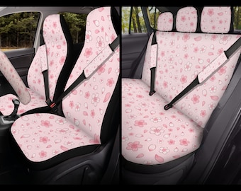 Pink Car Seat Covers, Full set for vehicle/head rest/seatbelt/steering wheel, Cute Kawaii floral Anime aesthetic accesories gift for women