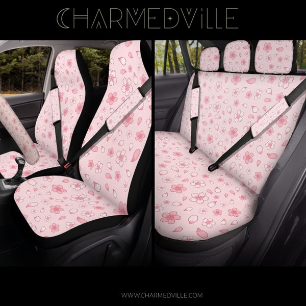 Pink Car Seat Covers, Full set for vehicle/head rest/seatbelt/steering wheel, Cute Kawaii floral Anime aesthetic accesories gift for women