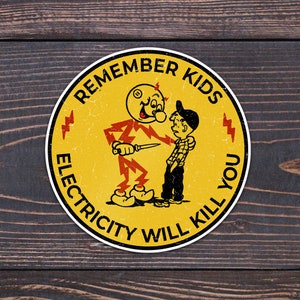 Reddy Kilowatt Stickers, Electricity will kill you! Remember kids, Reddy kilowatt with a knife . Funny hard hat sticker for electricians