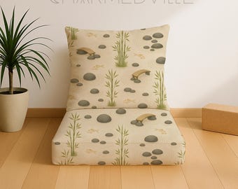 Japanese Floor Pillow, Zen Garden Meditation cushion Beige Accent Japandi Print, Tufted upholstered seating, Mindful Wabi Sabi Home Decor