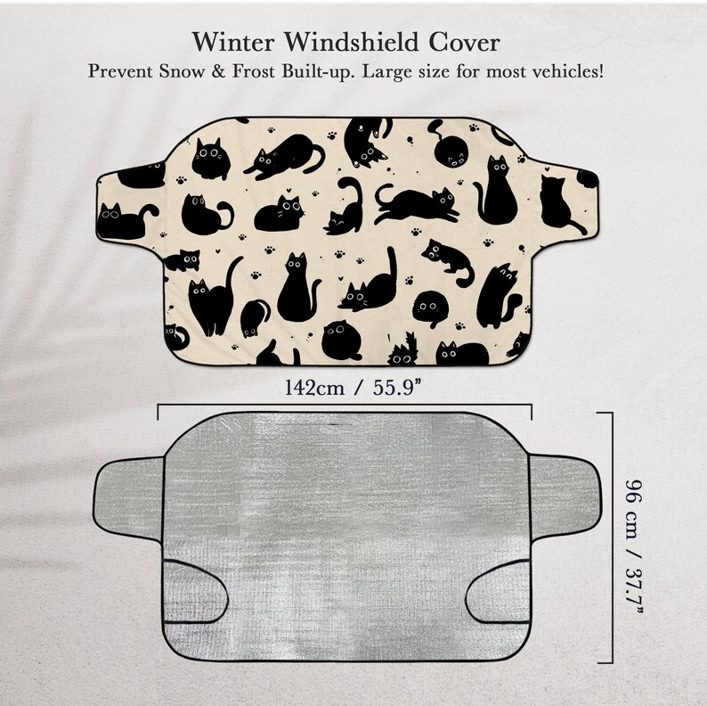 May include: A winter windshield cover with a black cat pattern on a beige background. The cover is 55.9 inches wide and 37.7 inches high, designed to prevent snow and frost buildup on most vehicles. The text on the image says "Winter Windshield Cover" and "Prevent Snow & Frost Built-up. Large size for most vehicles!"