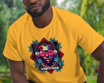 May include: A yellow t-shirt with a graphic design of a person wearing headphones and sunglasses. The design is in a retro, futuristic style with a colorful geometric pattern and the text "AFROFUTURISM".