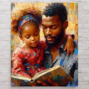 May include: A painting of a father and daughter reading a book together. The father is African American and has a beard. The daughter is wearing a red dress and a blue headband. The painting is done in a realistic style with a warm color palette.