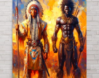Puede incluir: Una pintura al óleo que representa a dos figuras de pie una al lado de la otra. A la izquierda, una persona lleva un tocado de plumas y ropa amarilla estampada mientras sostiene una lanza. A la derecha, una persona de piel oscura lleva un collar de oro.