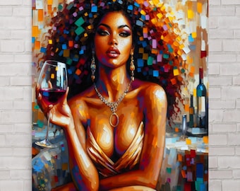 May include: A painting of a woman with curly hair, wearing a gold dress and holding a glass of red wine. The background is a colorful abstract design.