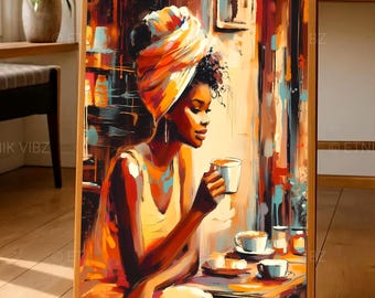 Black Woman Drinking Coffee Wall Art, Coffee Lover Poster Print, Afro Woman Painting, African American Art, Black Girl Magic Decor