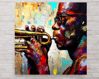 May include: A colorful abstract painting of a person playing a trumpet. The person is wearing glasses and has a dark complexion. The background is a mix of bright colors and textures.
