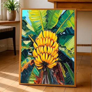 May include: A framed art print featuring a vibrant painting of a bunch of ripe yellow bananas. The bananas are surrounded by large green banana leaves, with a blue sky peeking through. The artwork is in a wooden frame.