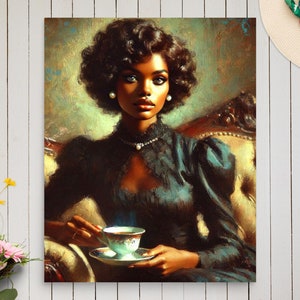 Vintage Female Portrait drinking coffee Poster, Black woman Art, Vintage Oil Painting, Printable Art, Black Art, Black Excellence,Black LOVE