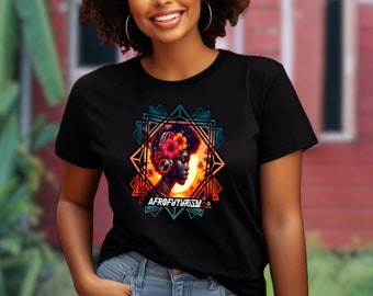 May include: Black t-shirt with a graphic design of a woman's face with a flower in her hair. The design is surrounded by a geometric pattern in shades of blue, orange, and pink. The text "AFROFUTURISM" is printed below the design.