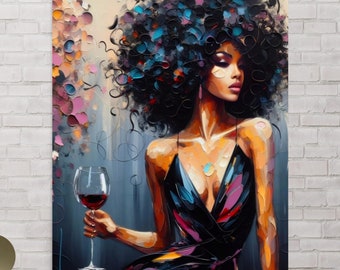 Black Woman Art Poster, Woman and her glass of Wine Wall Art, Wine Art, Afro Wall Art,Black Woman Print, Black Art,Curly Hair, Afro Chic Art