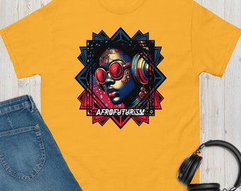 May include: A yellow t-shirt with a graphic of a woman wearing futuristic glasses and headphones. The graphic is surrounded by a geometric pattern in shades of blue, red, and black. The text "AFROFUTURISM" is printed below the graphic.