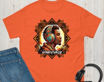 May include: Orange t-shirt with a graphic of a person wearing headphones and a geometric design. The text "AFROFUTURISM" is printed below the graphic.