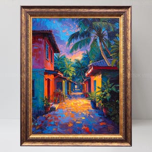 Pu&ograve; includere: Dipinto ad olio incorniciato raffigurante una vivace scena di strada tropicale. Edifici colorati in tonalit&agrave; di rosso, arancione e giallo costeggiano un sentiero acciottolato. Palme e vegetazione lussureggiante incorniciano la scena sotto un cielo al tramonto.