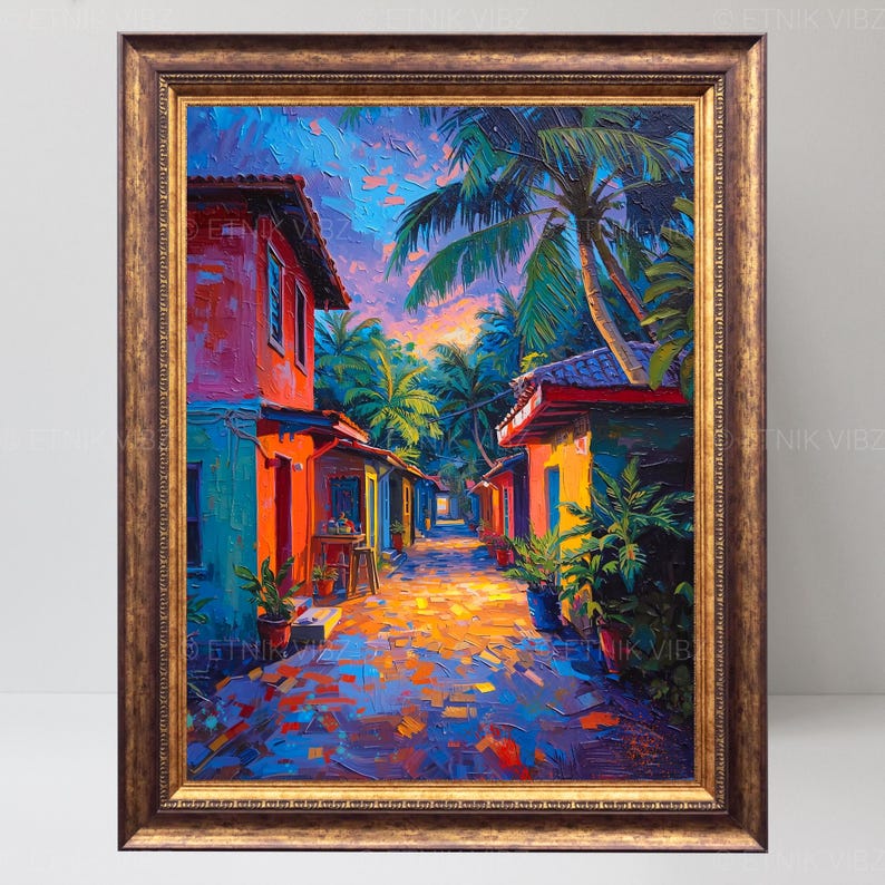 Pu&ograve; includere: Dipinto ad olio incorniciato raffigurante una vivace scena di strada tropicale. Edifici colorati in tonalit&agrave; di rosso, arancione e giallo costeggiano un sentiero acciottolato. Palme e vegetazione lussureggiante incorniciano la scena sotto un cielo al tramonto.