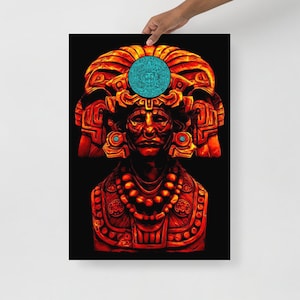 May include: A poster featuring a detailed illustration of a figure with an elaborate headdress and jewelry. The artwork is predominantly red and orange, with a turquoise circular design on the forehead and turquoise accents. The background is black.