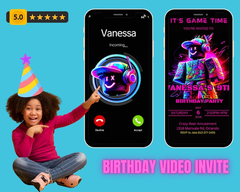 Personalized Roblox Ringing Phone Video Birthday Invitation | Funny Animated Neon Roblox Invite | Custom MP4 Sent to You in 24h