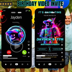 Pode incluir: Um convite em vídeo digital de aniversário na tela de um smartphone. O convite apresenta um gráfico de néon de um personagem usando fones de ouvido e um chapéu. O texto diz "7º Aniversário de Jayden" com detalhes do evento. A tela do telefone tem aproximadamente 61 cm.