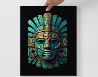 Aztec Warrior Mask Art Print: Mesoamerica Wall Decor