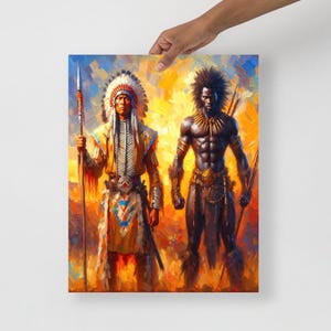 A hand holds up an unframed colorful art print featuring a Native American warrior and an African warrior against a white background.