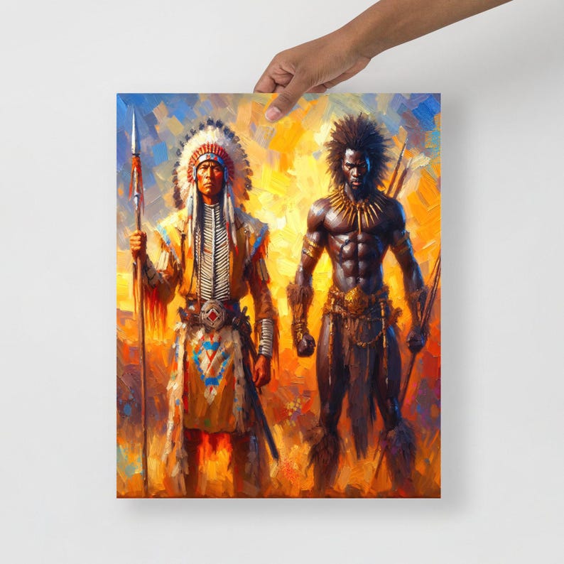A hand holds up an unframed colorful art print featuring a Native American warrior and an African warrior against a white background.