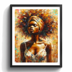 May include: A framed art print of a woman with closed eyes, wearing a yellow head wrap and a floral print top. The artwork features a vibrant, colorful background with a mix of brushstrokes and textures. The woman is wearing large hoop earrings.