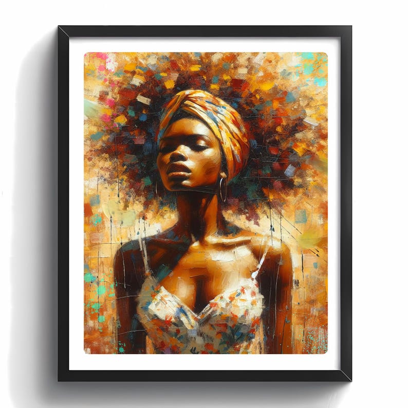 May include: A framed art print of a woman with closed eyes, wearing a yellow head wrap and a floral print top. The artwork features a vibrant, colorful background with a mix of brushstrokes and textures. The woman is wearing large hoop earrings.