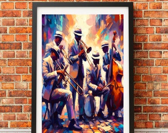 May include: A painting of a jazz band playing on a city street. The band consists of five musicians, including a trombonist, a trumpet player, a saxophonist, a guitarist, and a double bass player. The painting is done in a vibrant, colorful style.