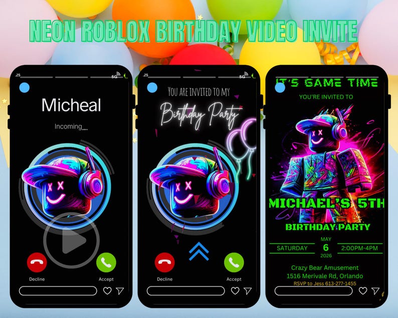 Personalized Roblox Ringing Phone Video Birthday Invitation | Funny Animated Neon Roblox Invite | Custom MP4 Sent to You in 24h