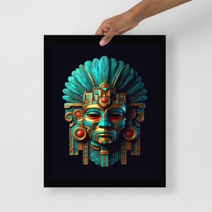 Aztec Blue Gold Museum Poster - Aztec Wall Decor - Pre-Columbian Mesoamerica Art Print - Ancient Mayan Room Decor - Unique artifact gift