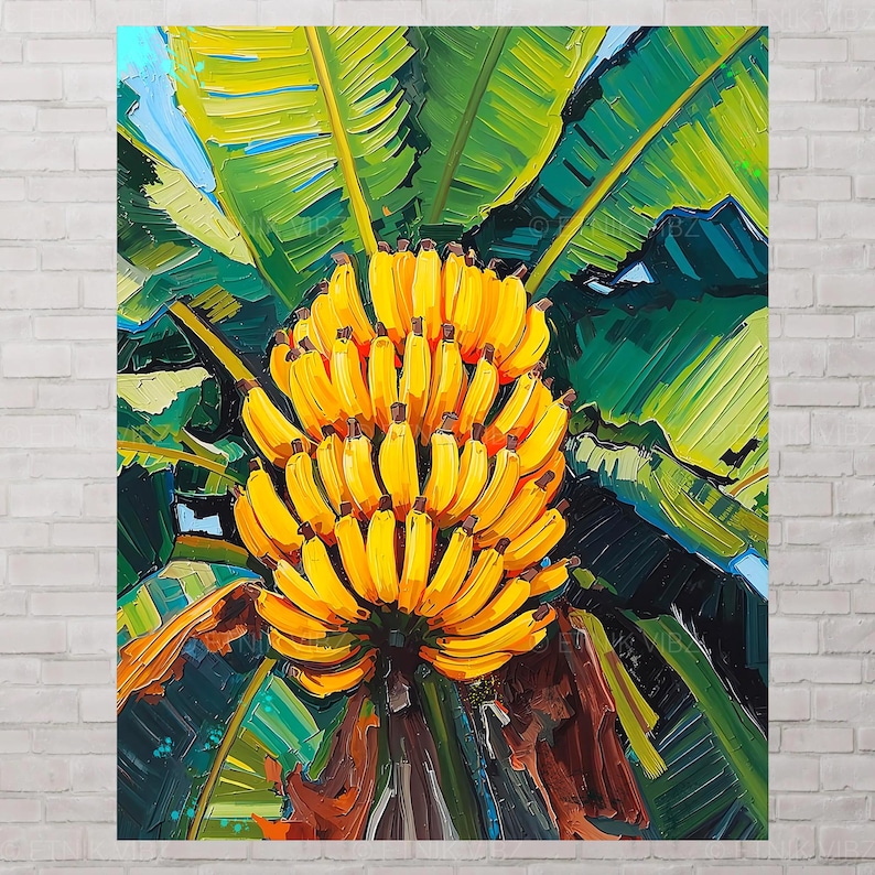May include: A colourful painting depicting a cluster of yellow bananas with green banana leaves in the background. The artwork uses thick brushstrokes and a palette of yellow, green, and brown to create a tropical scene.