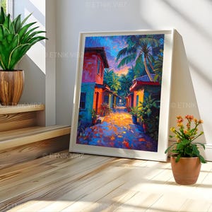 Pu&ograve; includere: Una stampa artistica incorniciata raffigura una vivace scena di strada con edifici colorati e palme. L'opera d'arte utilizza blu, arancioni e verdi, catturando un'atmosfera tropicale. La stampa &egrave; esposta su un pavimento in legno.