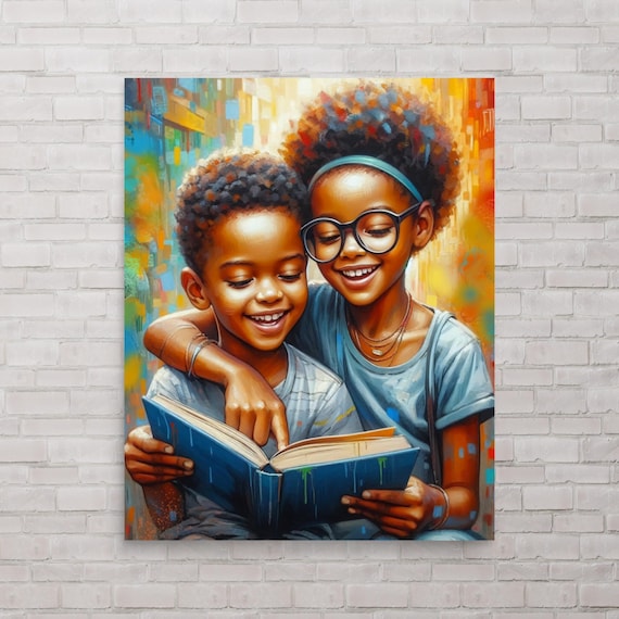 Brother and Sister Reading Poster, Afro Wall Art, Black Boy Room