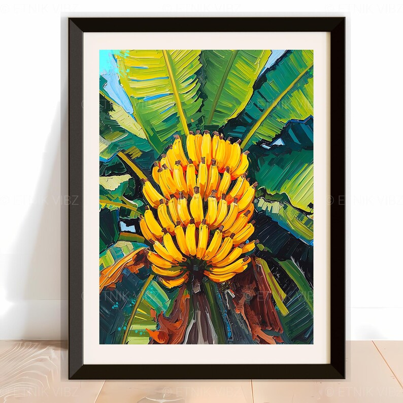 May include: A framed art print depicting a bunch of ripe yellow bananas set against large green banana leaves. The artwork is presented in a black frame. The painting style is impressionistic, with visible brushstrokes, creating a textured effect.