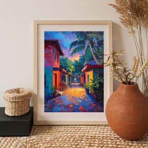 Pu&ograve; includere: Una stampa artistica incorniciata raffigurante una vivace scena di strada con edifici colorati e palme. L'opera d'arte presenta una tavolozza di blu, arancioni e verdi, creando un'atmosfera tropicale. La stampa &egrave; in una cornice di legno chiaro.