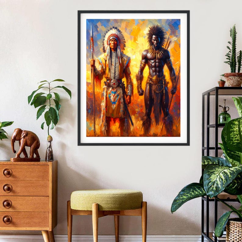 Framed colorful painting of a Native American warrior and an African warrior hanging on a white wall above a wooden chest of drawers, next to plants and a bookshelf.